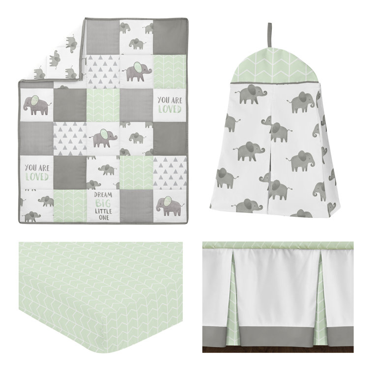 Mint and Gray Microfiber Elephant 4-Piece Crib Bedding Set