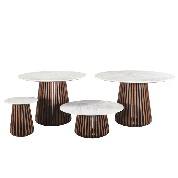 Round Marble Top Pedestal End Table with Acacia Base