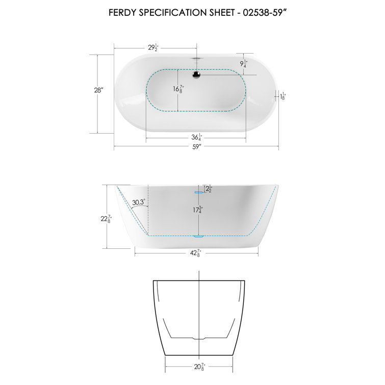 Bali 59" Glossy White Acrylic Freestanding Bathtub with Chrome Drain