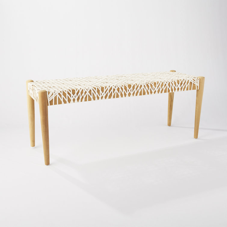 Transitional Natural Teak & Brown Leather Weave Bench, 47"