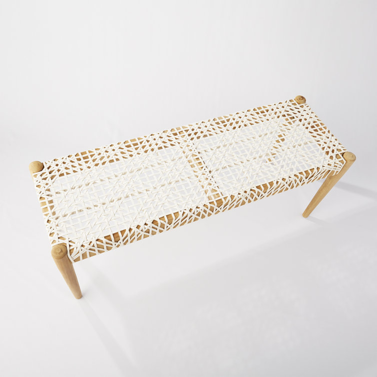 Transitional Natural Teak & Brown Leather Weave Bench, 47"