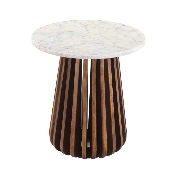 Round Marble Top Pedestal End Table with Acacia Base