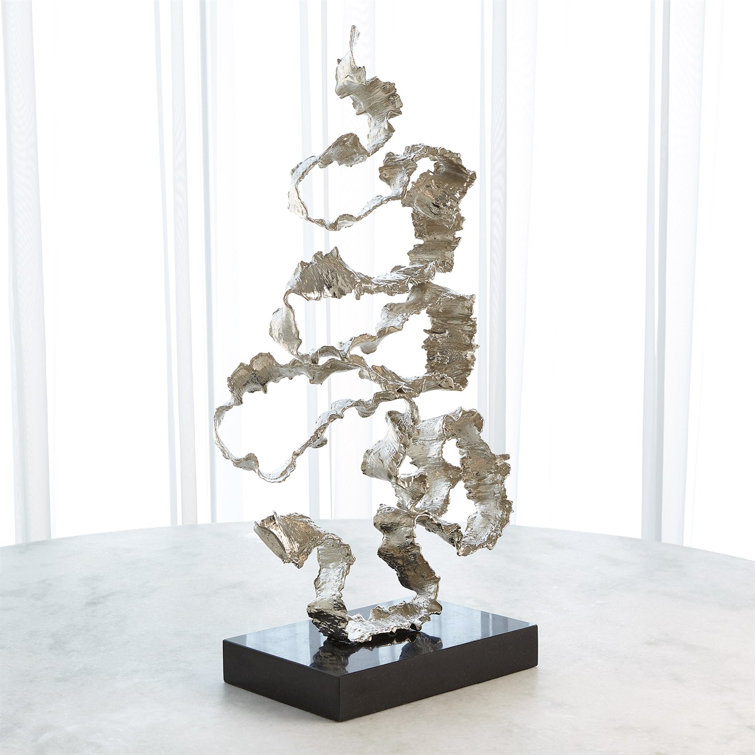 Nickel Squiggles Sculpture with Black Granite Base