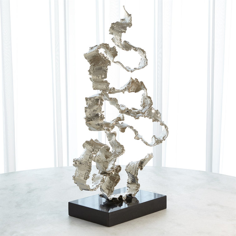 Nickel Squiggles Sculpture with Black Granite Base