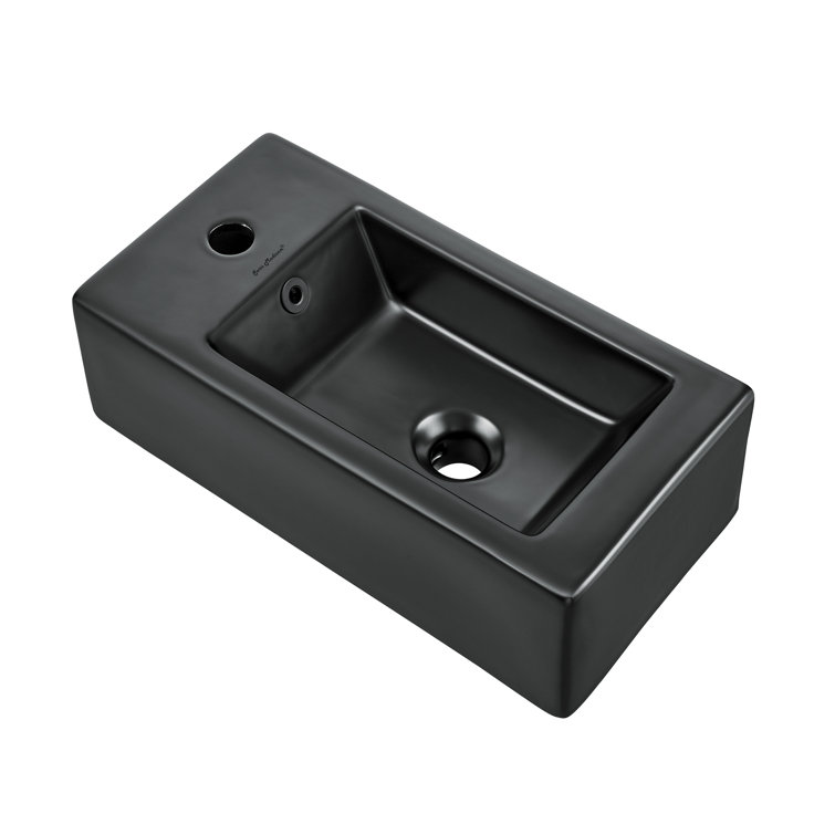 Matte Black Rectangular Ceramic Wall-Mounted Sink with Left Side Faucet