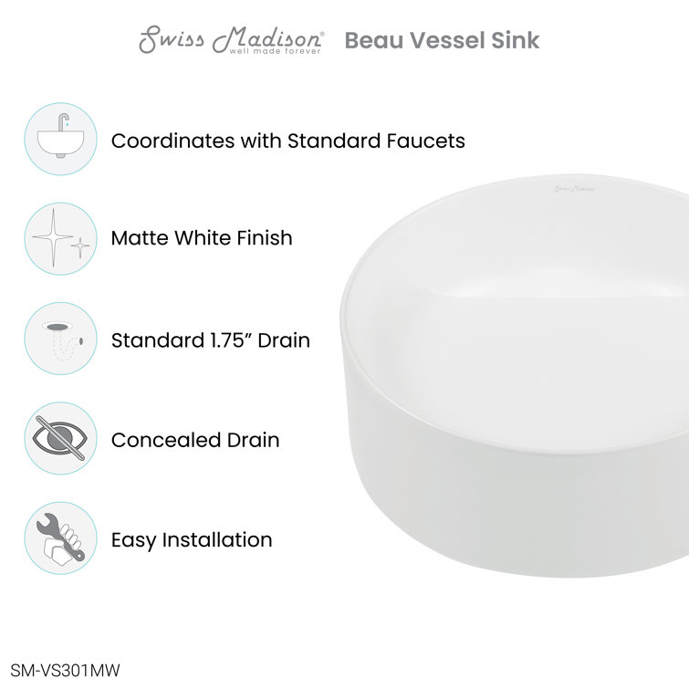 Beau 16.5'' Matte White Ceramic Round Vessel Bathroom Sink