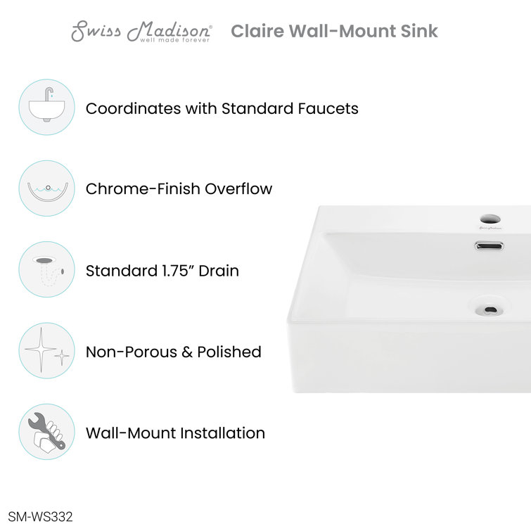 Claire 24" Glossy White Ceramic Wall-Mount Bathroom Sink