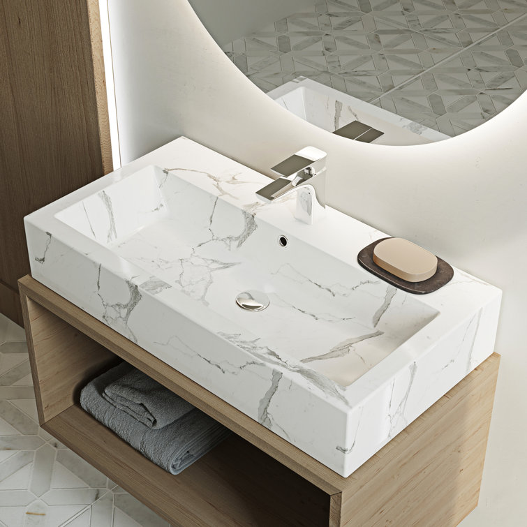 Voltaire Wide White Marble Ceramic Vessel Sink