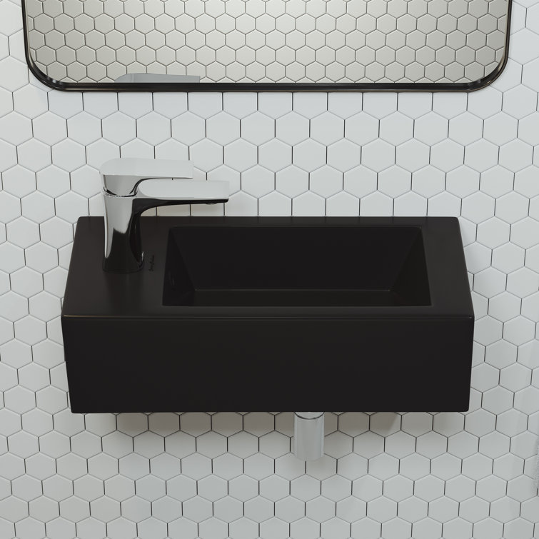 Matte Black Rectangular Ceramic Wall-Mounted Sink with Left Side Faucet