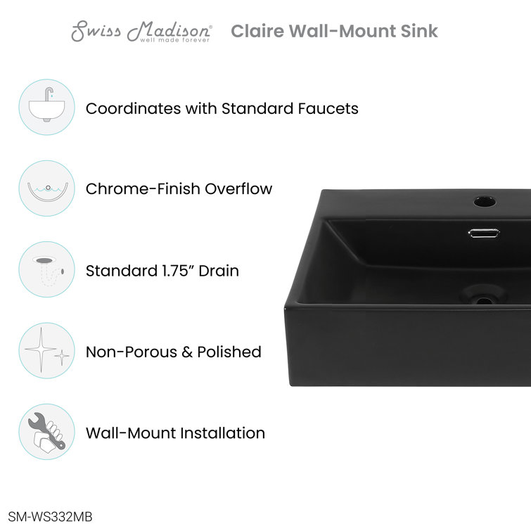 Claire 24" Matte Black Ceramic Wall-Mount Bathroom Sink