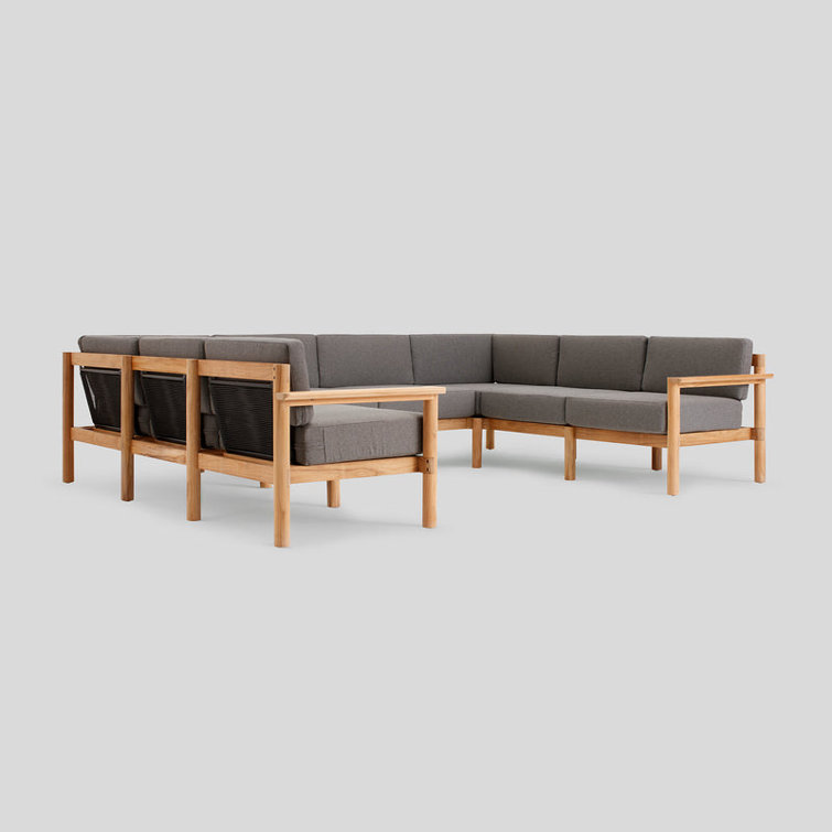 Haven 8-Piece Teak U-Shaped Outdoor Sectional with Greystone Sunbrella Cushions
