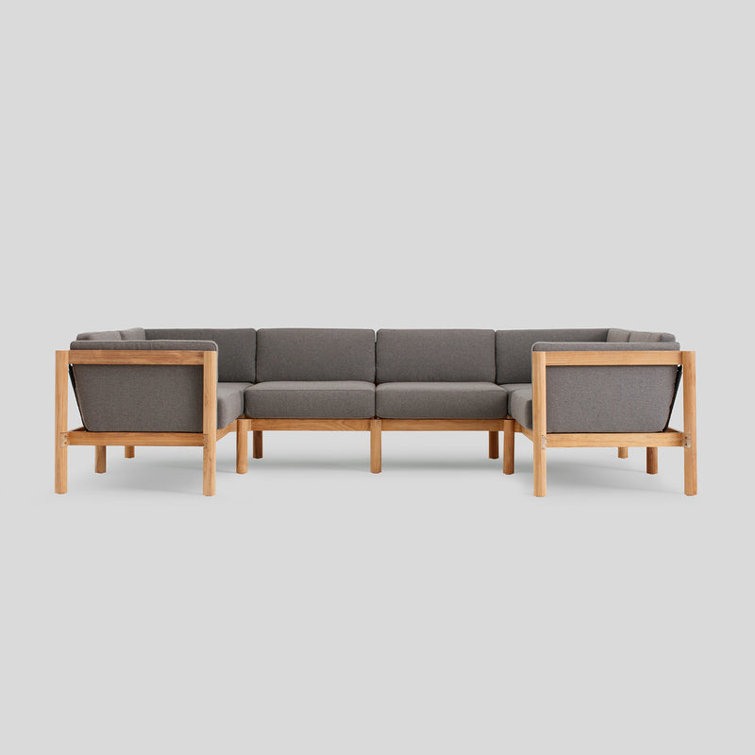 Haven 6-Piece U-Shaped Teak Outdoor Sectional with Gray Sunbrella Cushions