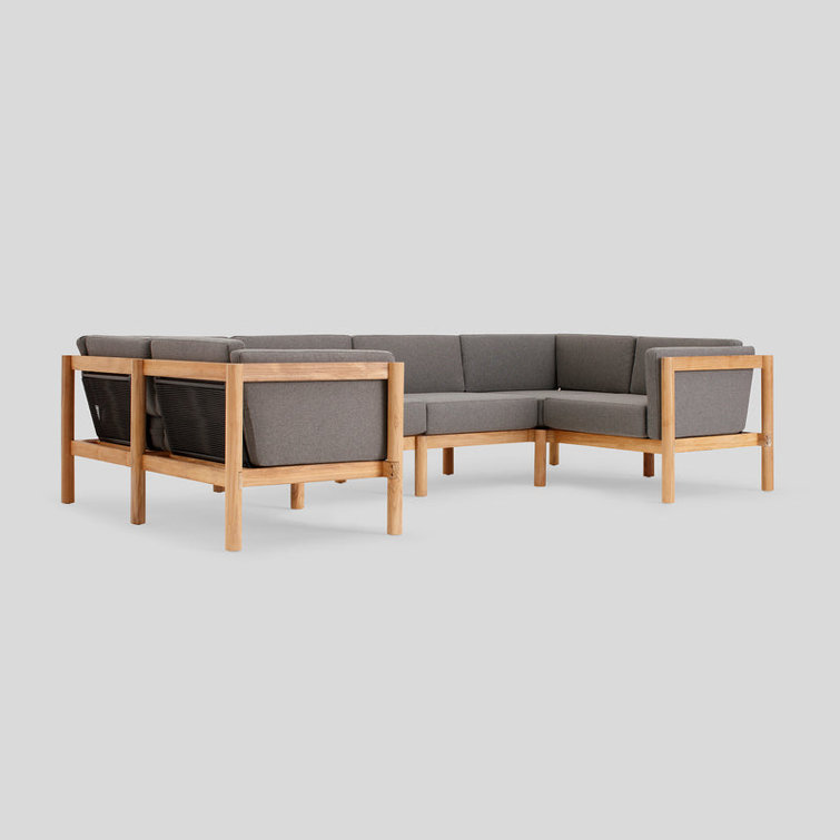 Haven 6-Piece U-Shaped Teak Outdoor Sectional with Gray Sunbrella Cushions