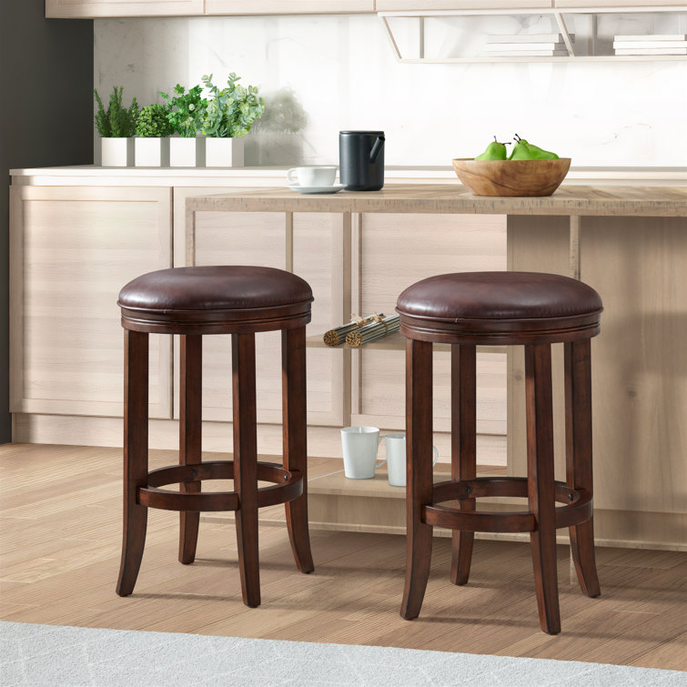 Distressed Walnut Backless Counter Stools with Leather Seat, Set of 2