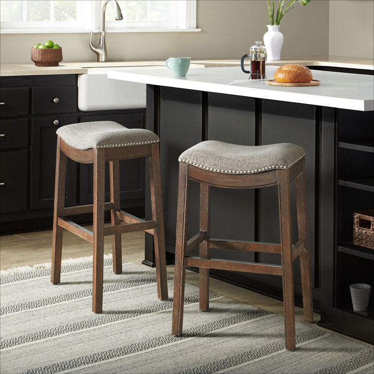 Dark Brown Backless Saddle Wood Bar Stools, Set of 2