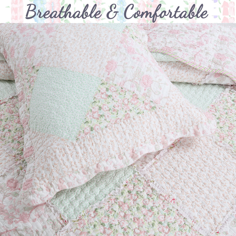 Pink Floral Cotton Reversible Queen Quilt Set