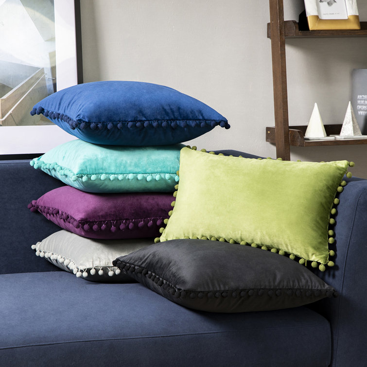 Light Green Velvet Pom Pom Decorative Throw Pillows, 12" x 20", Set of 2
