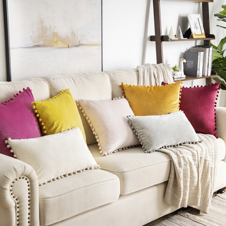 Off-White Velvet Square Throw Pillows with Tassels, 18" x 18", Set of 2