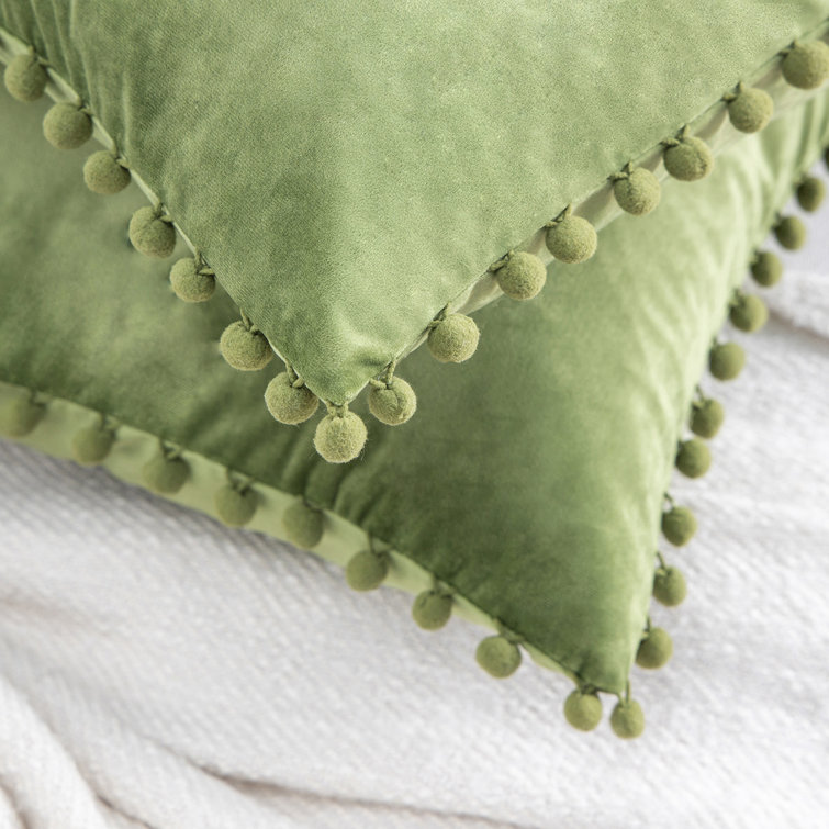 Light Green Velvet Pom Pom Decorative Throw Pillows, 12" x 20", Set of 2