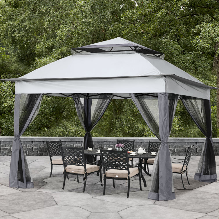Dark Gray 11x11 Steel Patio Gazebo with Mesh Walls
