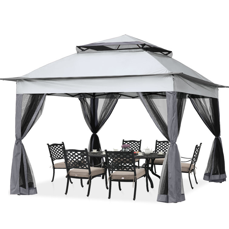 Dark Gray 11x11 Steel Patio Gazebo with Mesh Walls