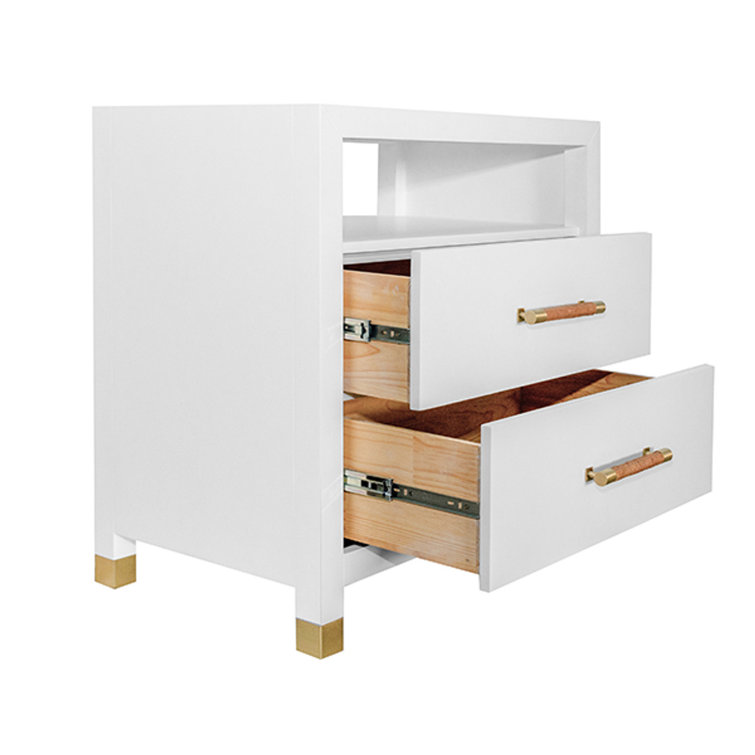 White Wood 2-Drawer Side Table with Rattan Handles
