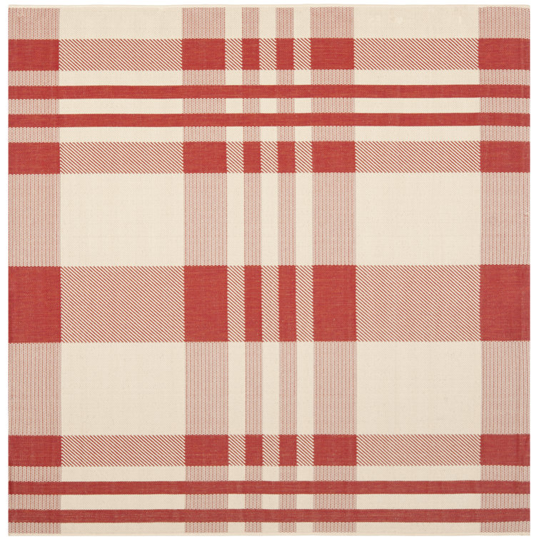 Red and Bone Plaid Synthetic Square Indoor/Outdoor Rug