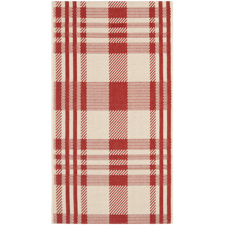 Red and Bone Plaid Indoor/Outdoor Synthetic Rug