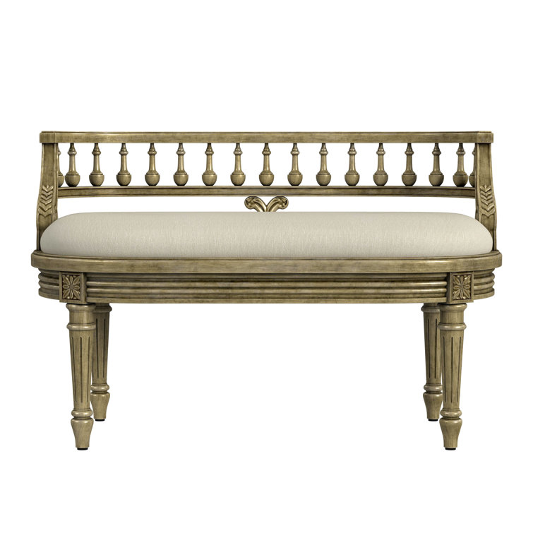 Hathaway 37" Cream Upholstered Bench with Carved Spindle Back