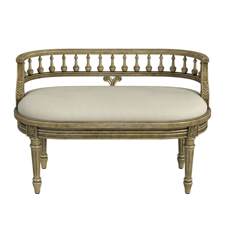 Hathaway 37" Cream Upholstered Bench with Carved Spindle Back