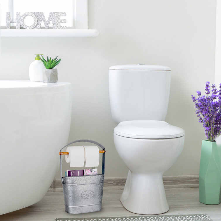 Galvanized Silver Farmhouse Free Standing Toilet Paper Holder with Storage