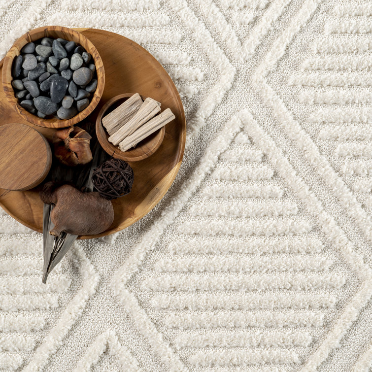 Ivory Diamond Pattern Synthetic Square Area Rug, 6' x 6'
