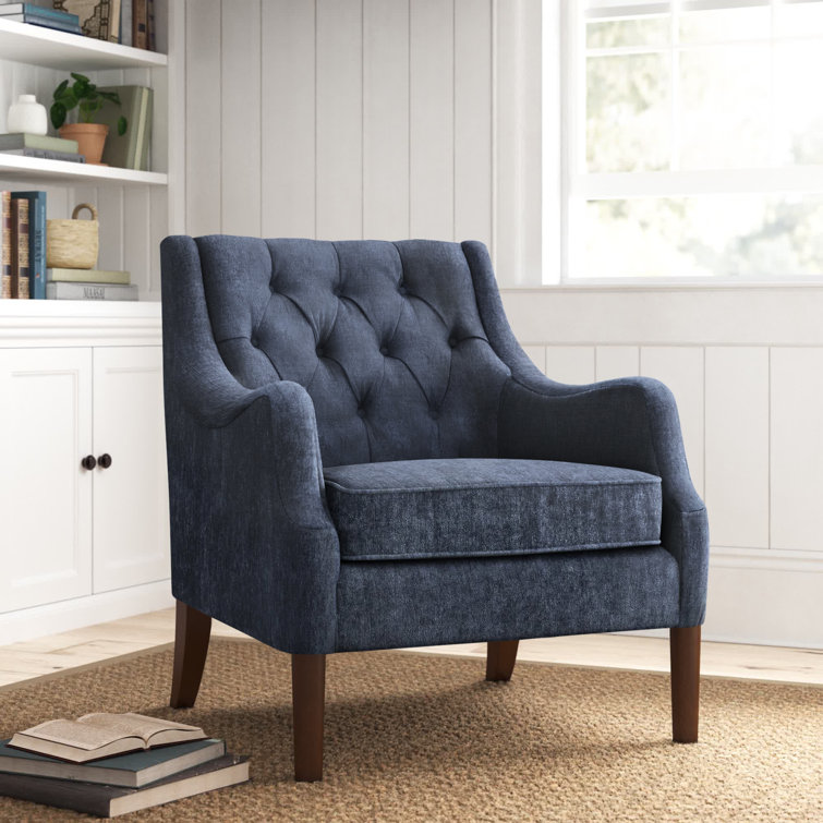 Elegant Navy Velvet Wood Accent Chair with Button Tufting