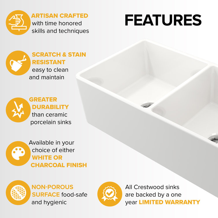 39" White Fireclay Double Bowl Farmhouse Sink