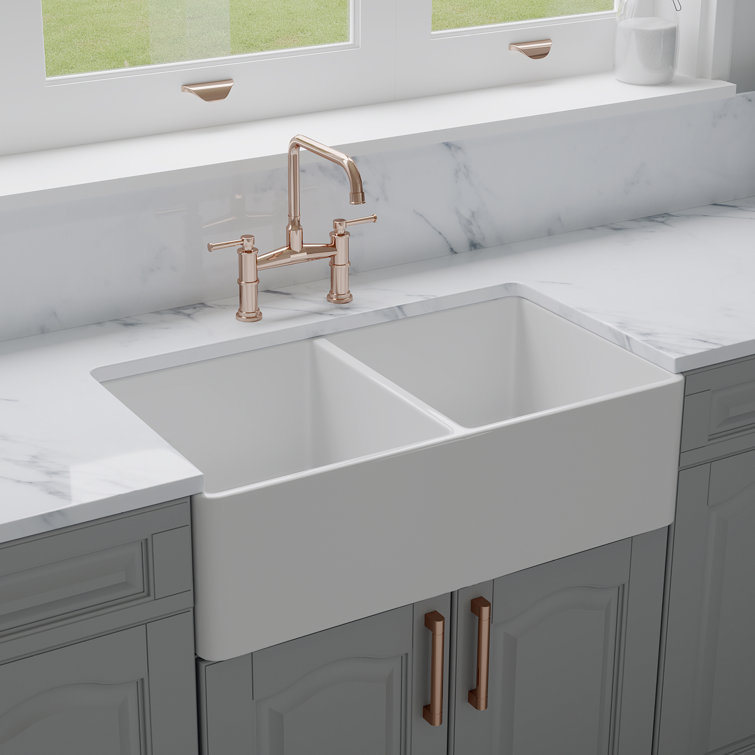 39" White Fireclay Double Bowl Farmhouse Sink