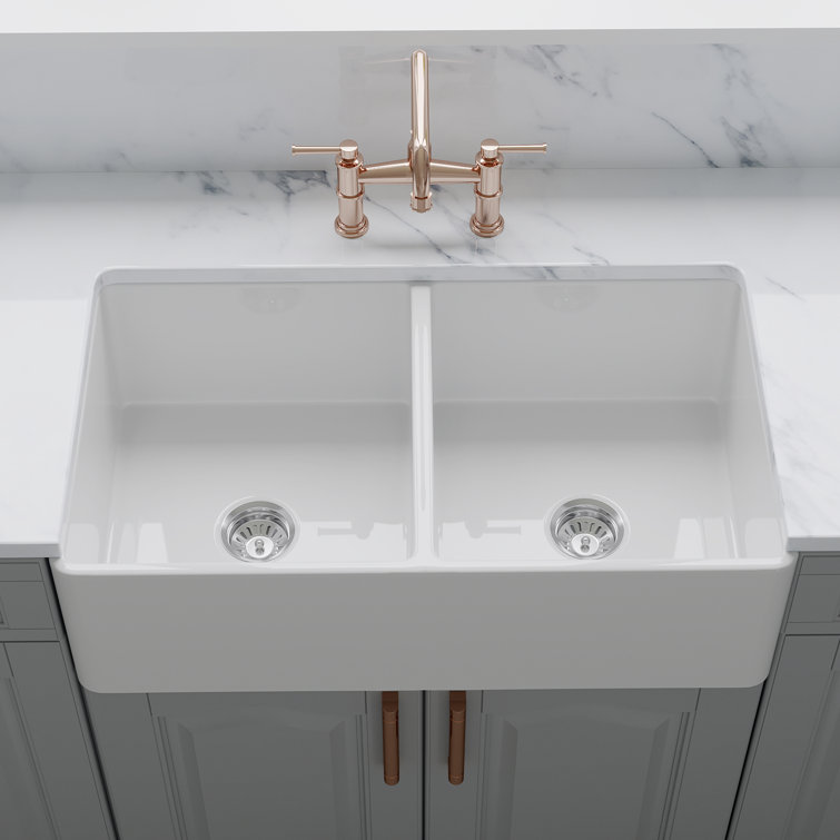 39" White Fireclay Double Bowl Farmhouse Sink