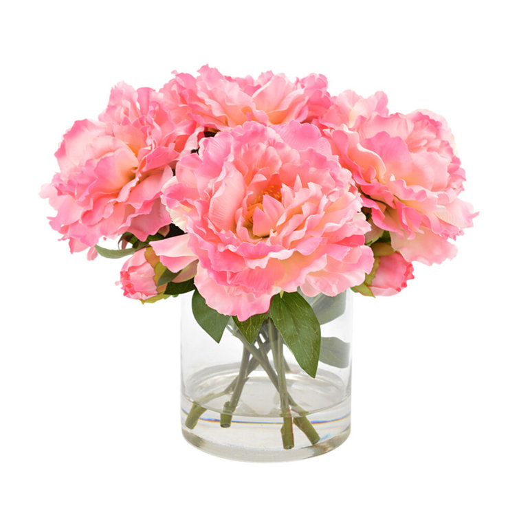 Pink Artificial Peony Floral Arrangement in Glass Vase