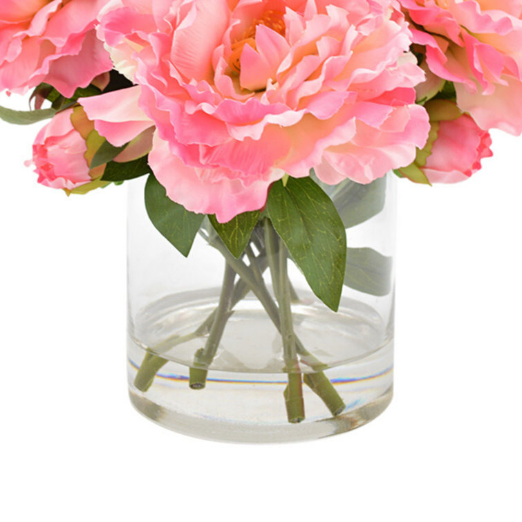Pink Artificial Peony Floral Arrangement in Glass Vase