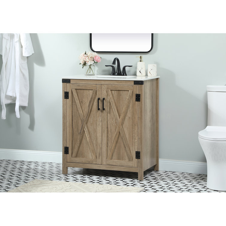 Natural Oak Freestanding Single Vanity with White Quartz Top
