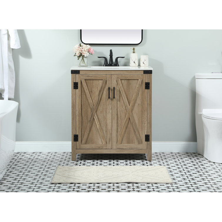Natural Oak Freestanding Single Vanity with White Quartz Top