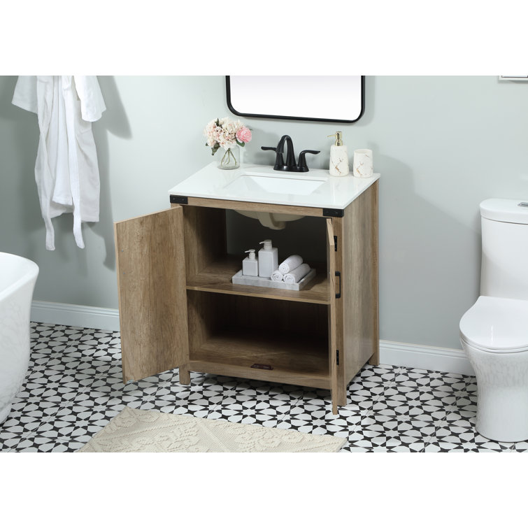 Natural Oak Freestanding Single Vanity with White Quartz Top