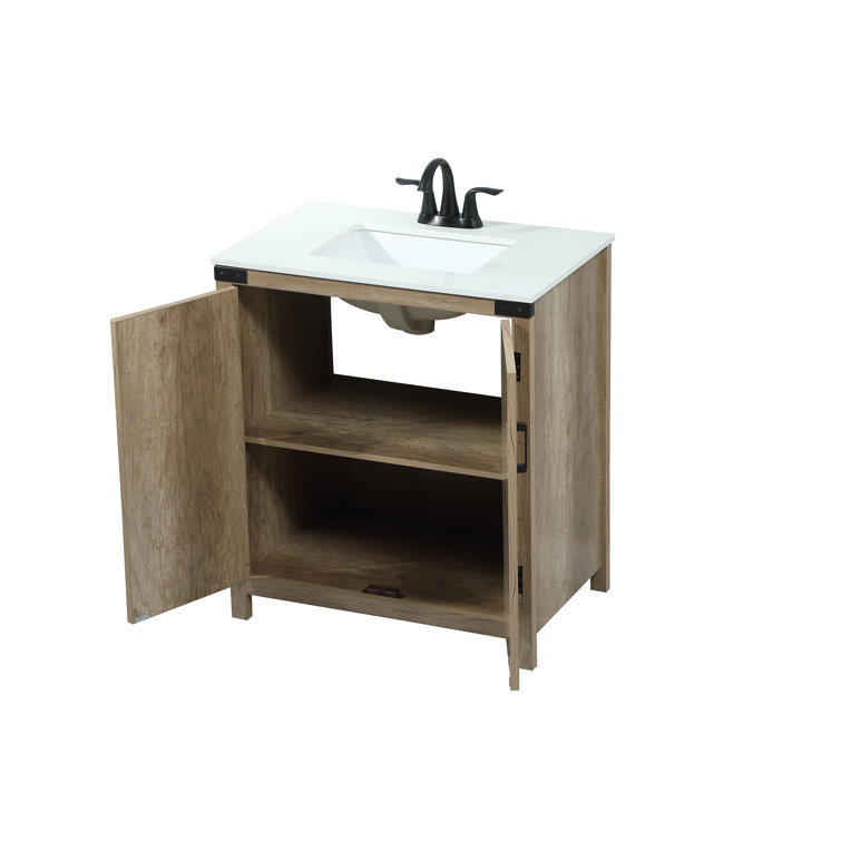 Natural Oak Freestanding Single Vanity with White Quartz Top