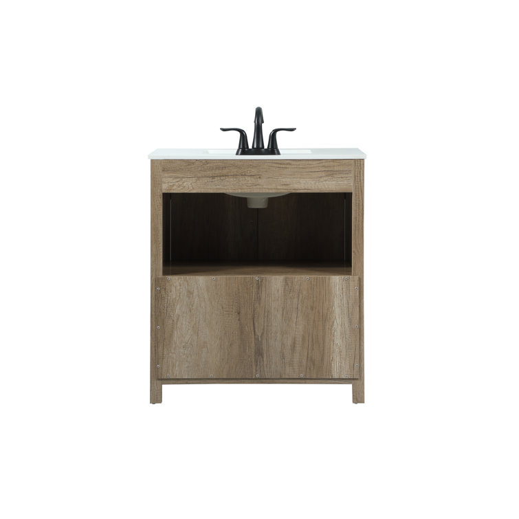Natural Oak Freestanding Single Vanity with White Quartz Top