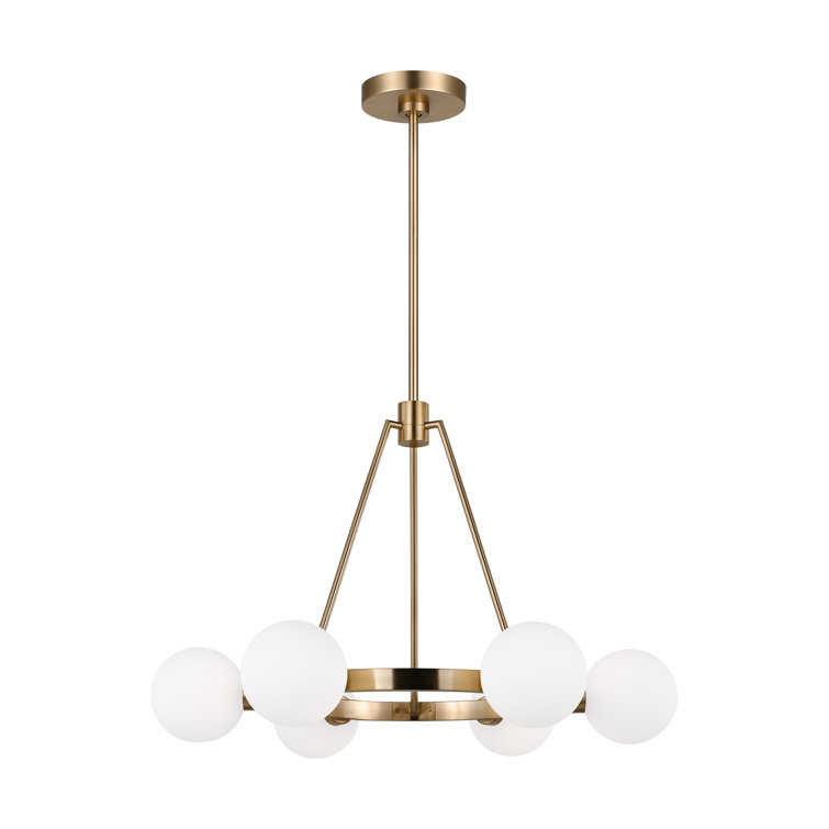 Satin Brass and Frosted Glass 6-Light Wagon Wheel Chandelier