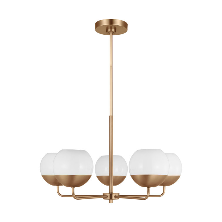 Alvin Satin Brass Midcentury 5-Light Chandelier with Milk Glass Shades