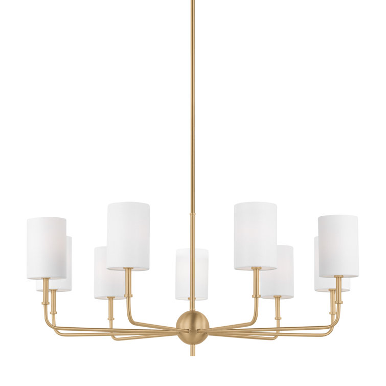 Satin Brass 36" Nine-Light Chandelier with White Linen Shades