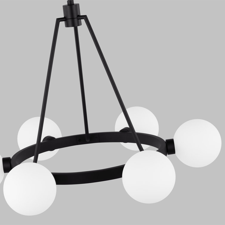 Midnight Black 6-Light Wagon Wheel Chandelier with Frosted Glass Shades
