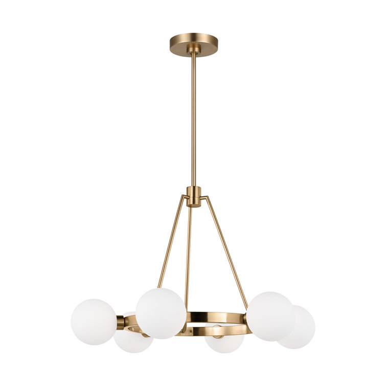 Satin Brass and Frosted Glass 6-Light Wagon Wheel Chandelier