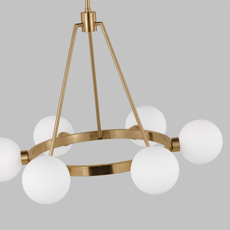 Satin Brass and Frosted Glass 6-Light Wagon Wheel Chandelier