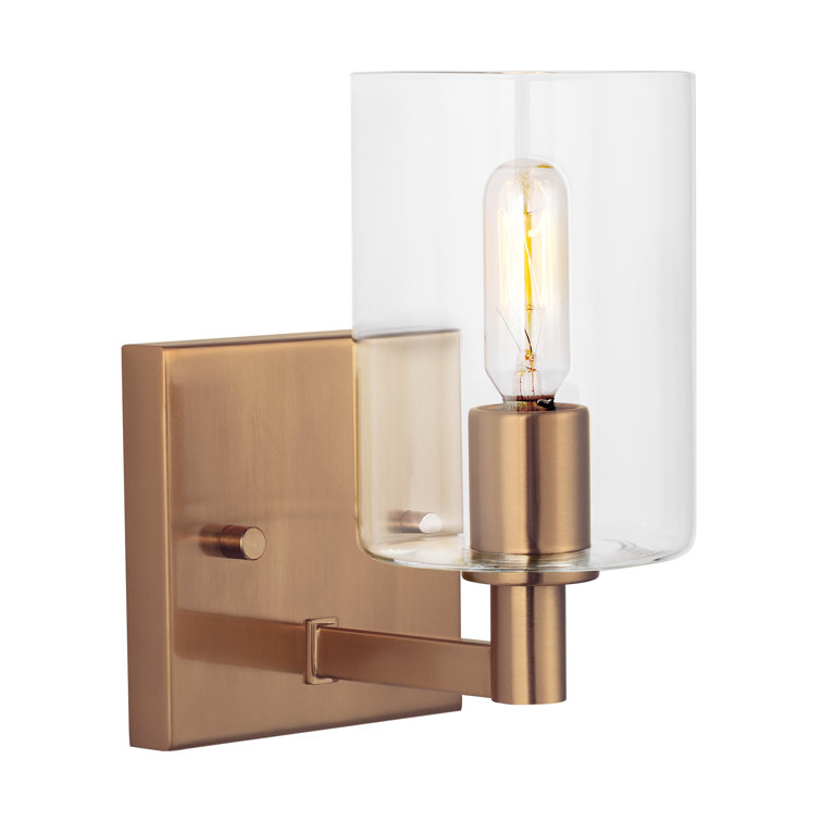 Satin Brass Dimmable Single Light Wall Sconce with Clear Glass Shade